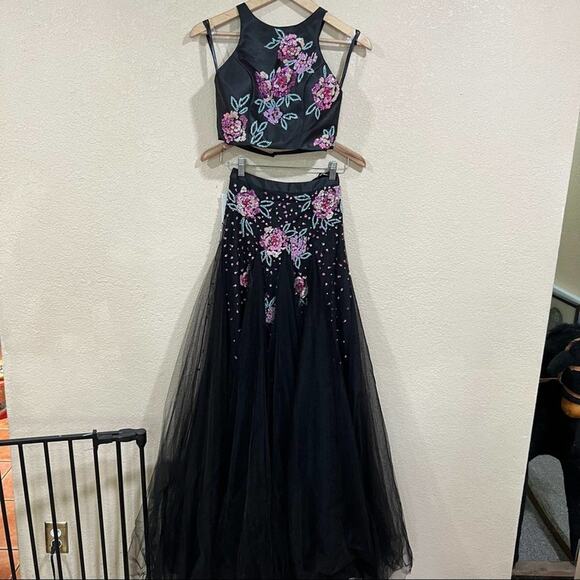 Rachel Allan 7511 floral black tulle high neckline two piece prom dress NEW 0 - Picture 2 of 12